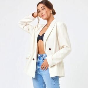 L*Space Women’s Rhodes White Cream Linen Cotton Double Breasted Long Blazer S
